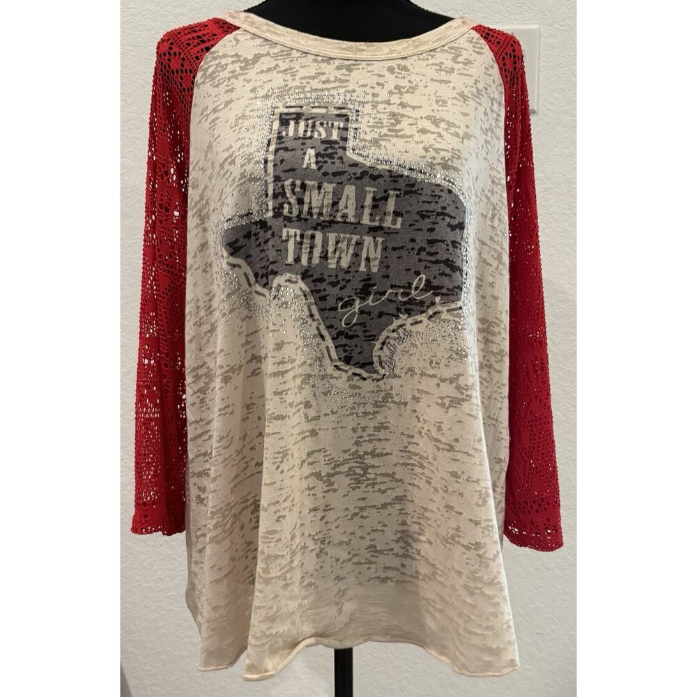 Lucky & Blessed Life Small Town Girl Slub Jersey Rhinestones & Lace Sleeves 2XL